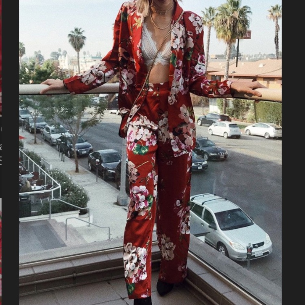 Red Floral Satin Two-Piece Set
